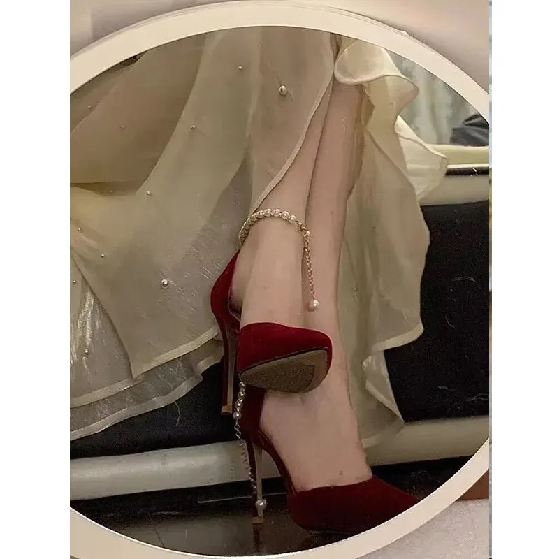 VougeVamp Pointed Toe High Heel Bridal Shoes – Elegant Metal Buckle Strap Stilettos for Weddings & Special Occasions