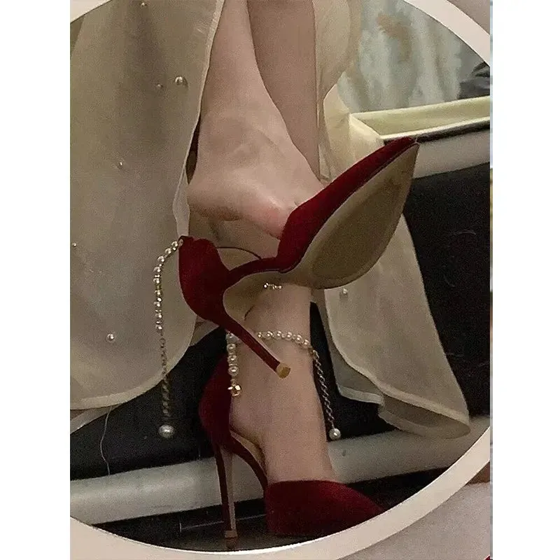 VougeVamp Pointed Toe High Heel Bridal Shoes – Elegant Metal Buckle Strap Stilettos for Weddings & Special Occasions