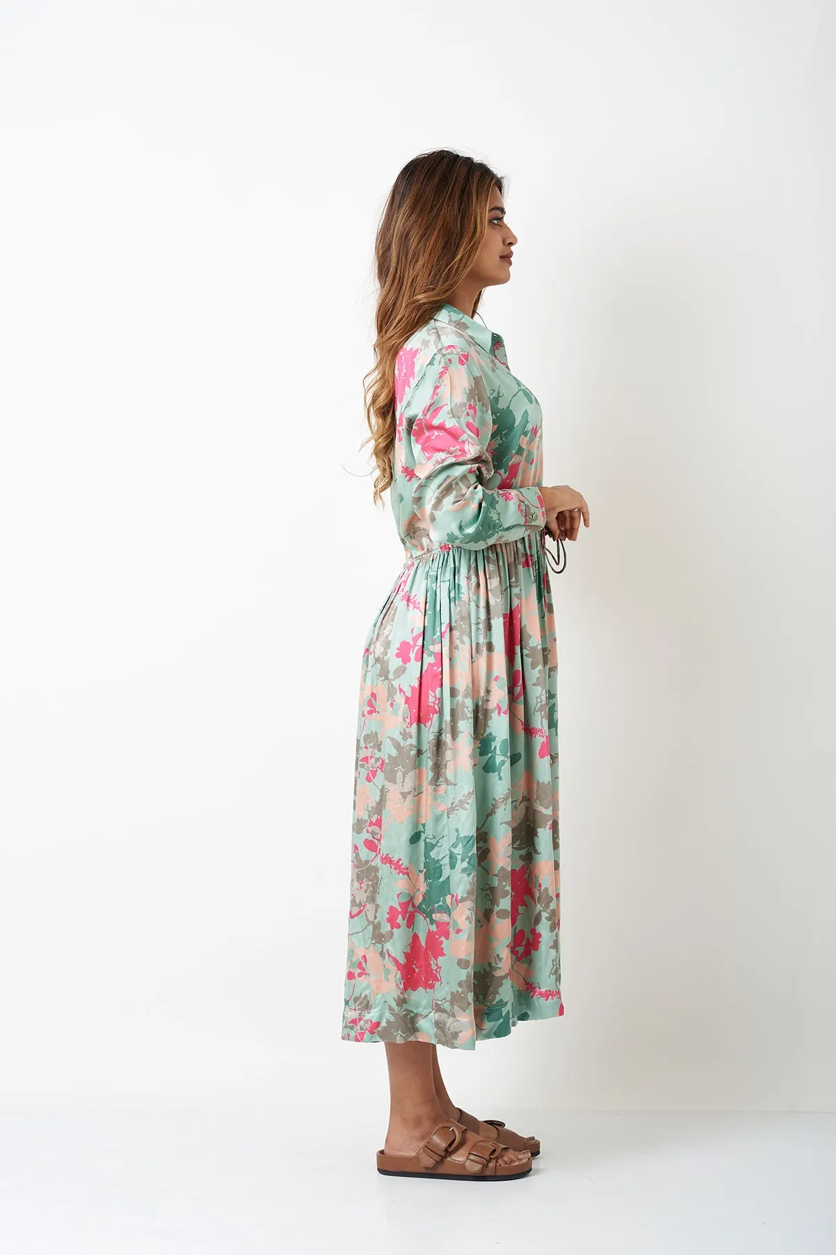 WAIST GATHER COLLAR DRESS - AQUA