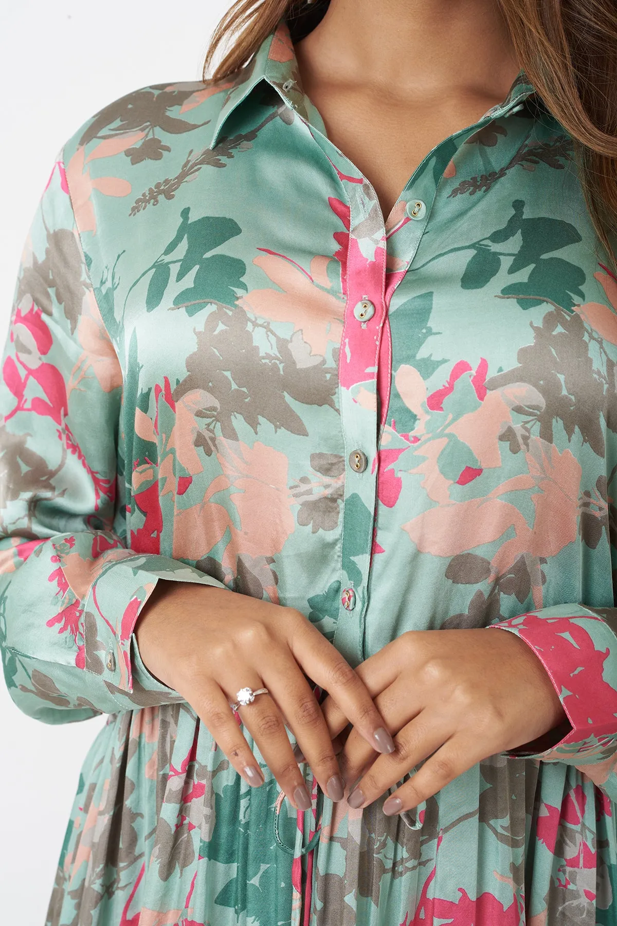 WAIST GATHER COLLAR DRESS - AQUA