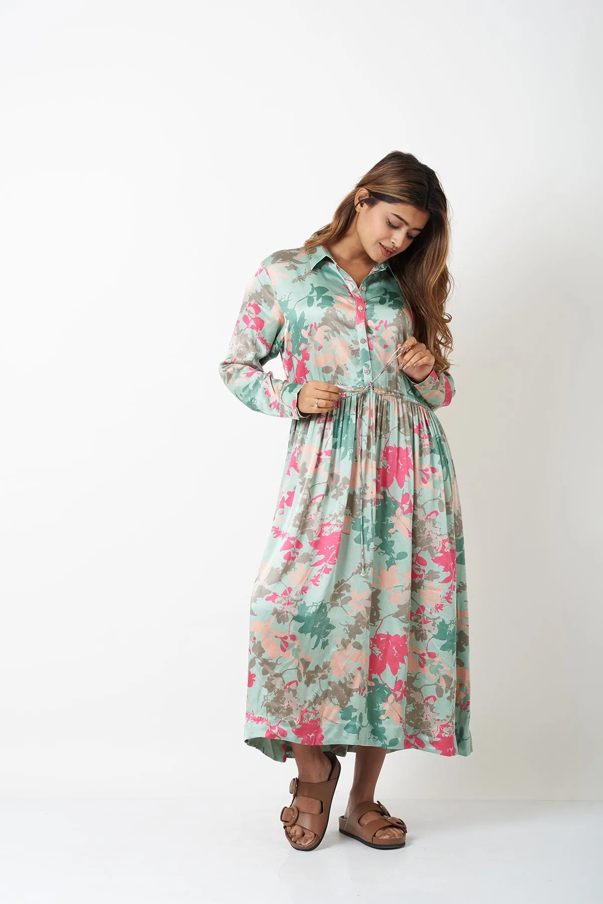 WAIST GATHER COLLAR DRESS - AQUA