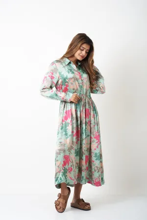 WAIST GATHER COLLAR DRESS - AQUA
