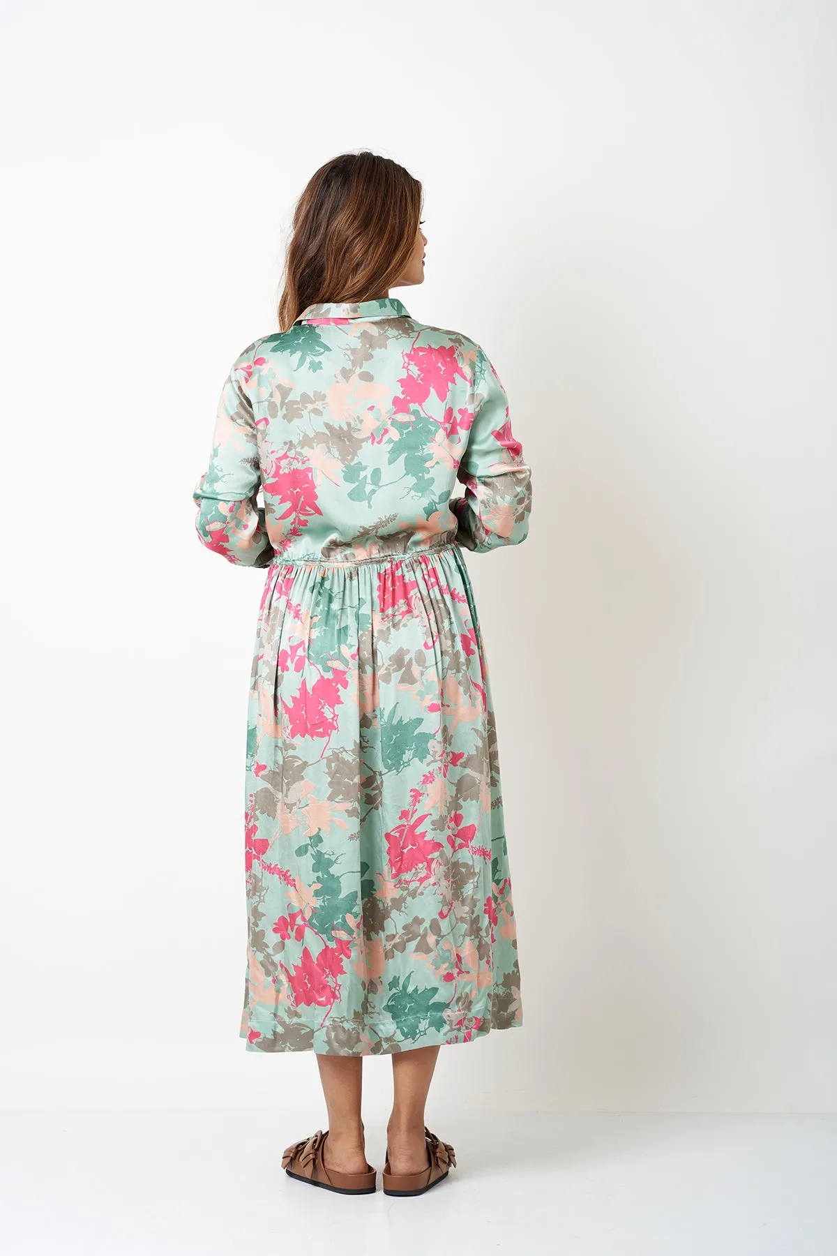 WAIST GATHER COLLAR DRESS - AQUA