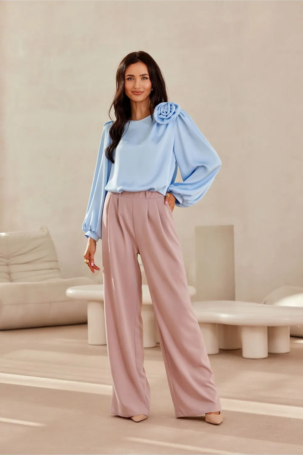 Wide puffy long sleeves satin formal blouse