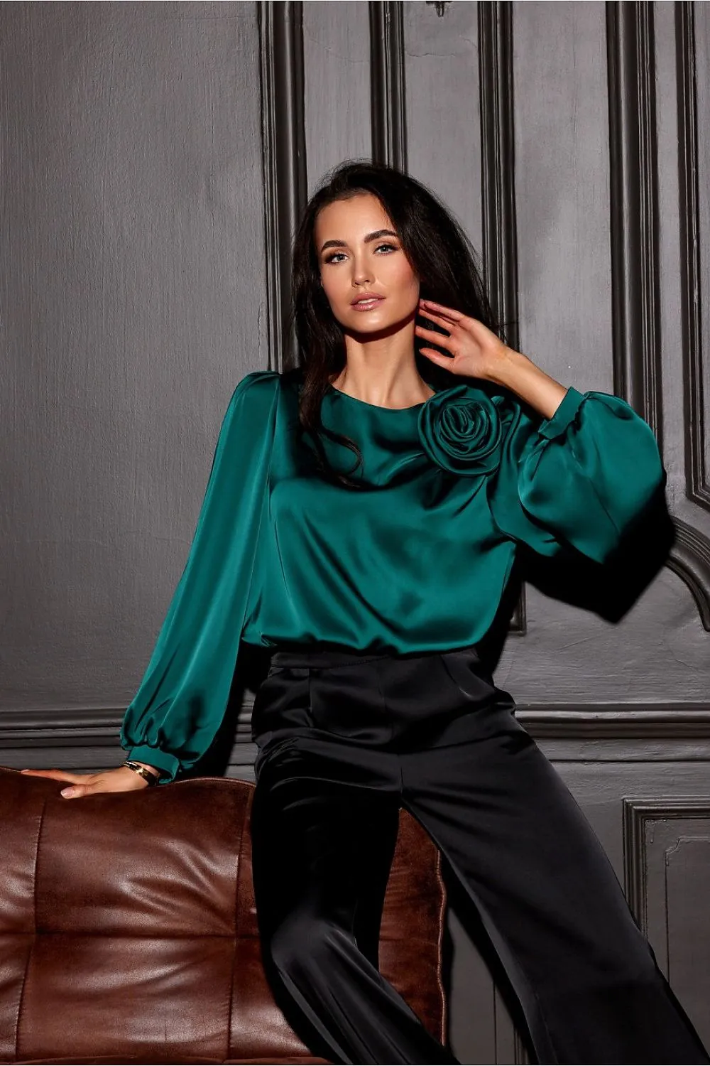 Wide puffy long sleeves satin formal blouse