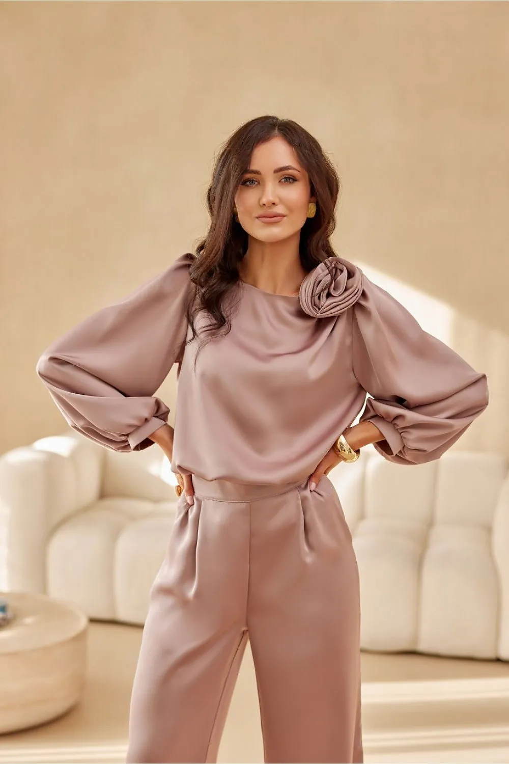 Wide puffy long sleeves satin formal blouse