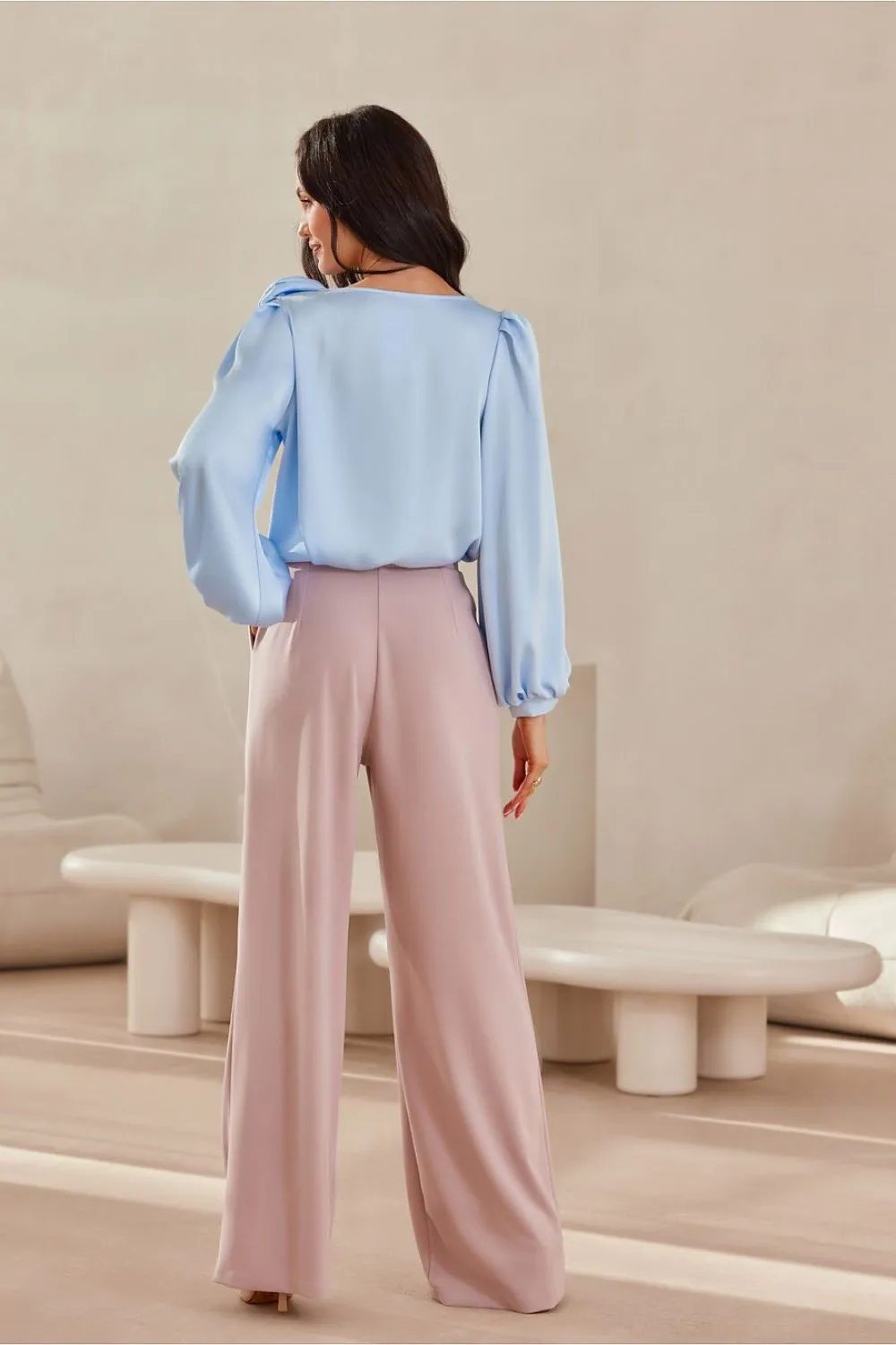 Wide puffy long sleeves satin formal blouse