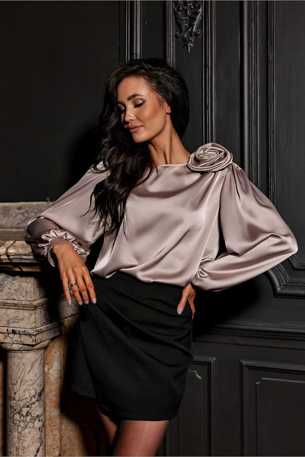 Wide puffy long sleeves satin formal blouse