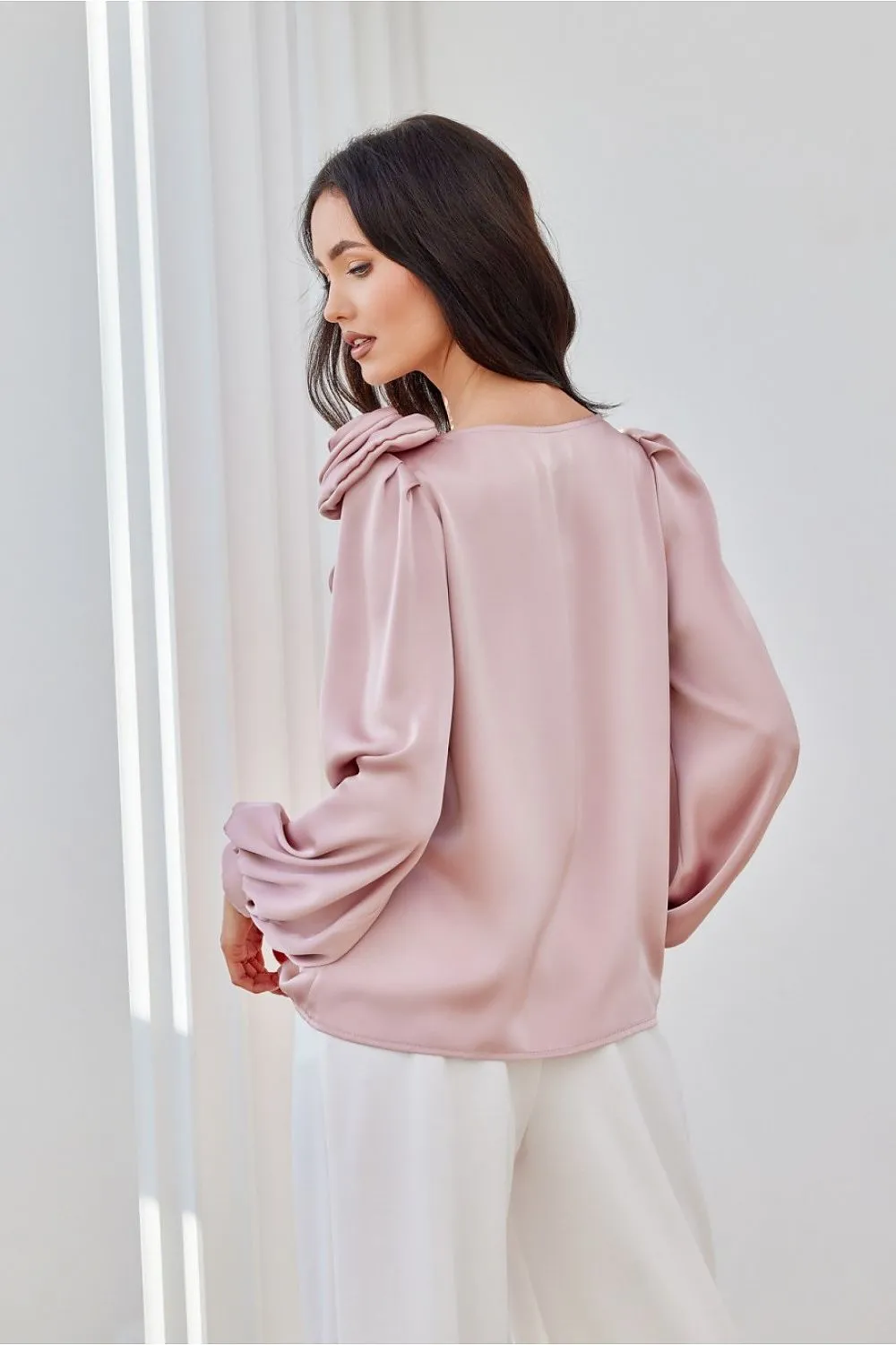 Wide puffy long sleeves satin formal blouse