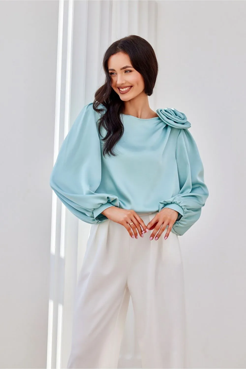 Wide puffy long sleeves satin formal blouse