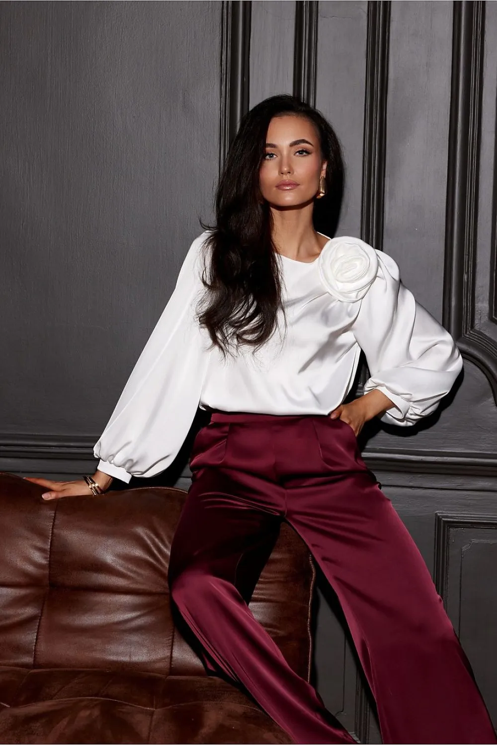 Wide puffy long sleeves satin formal blouse