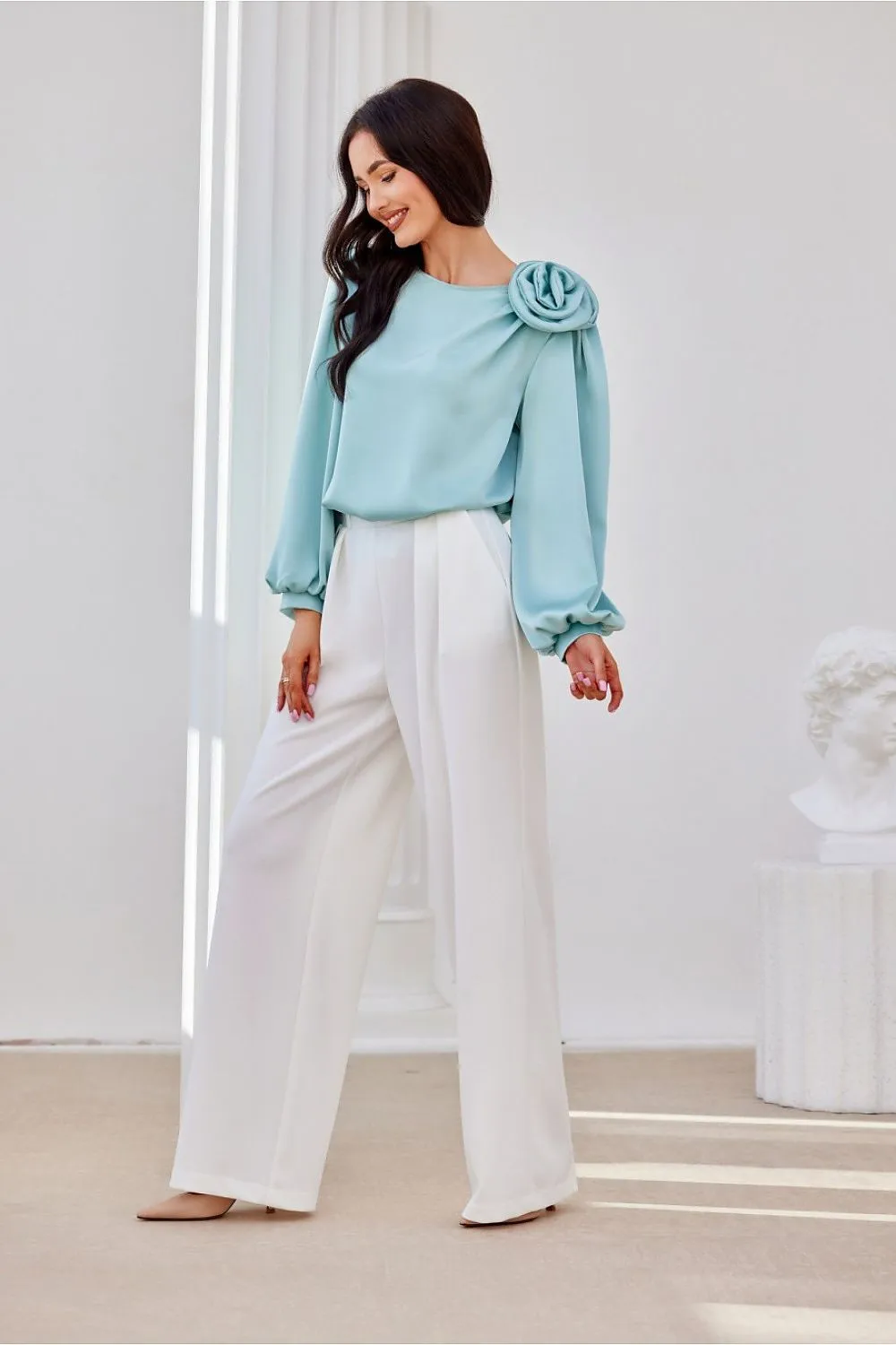Wide puffy long sleeves satin formal blouse