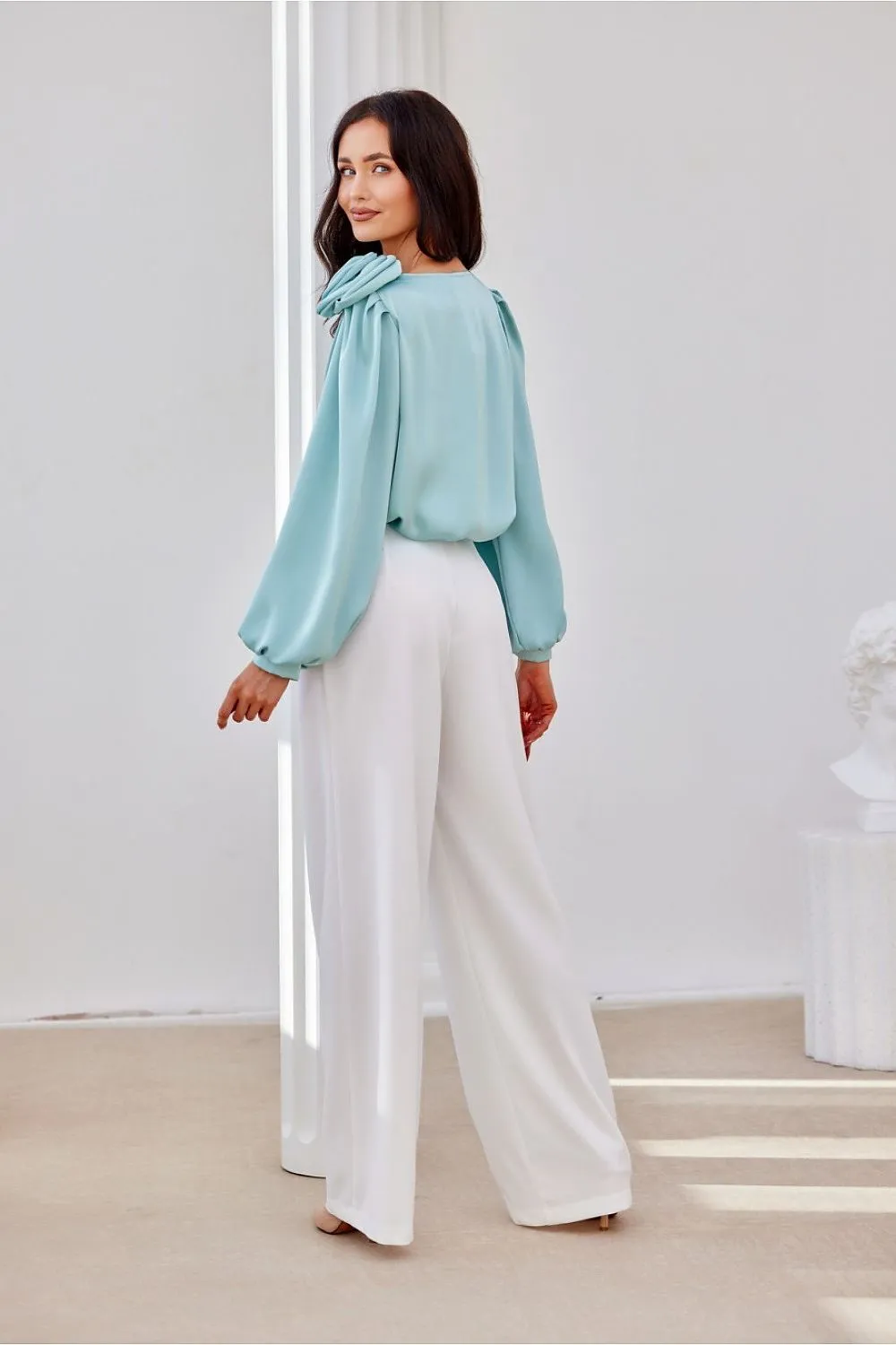 Wide puffy long sleeves satin formal blouse