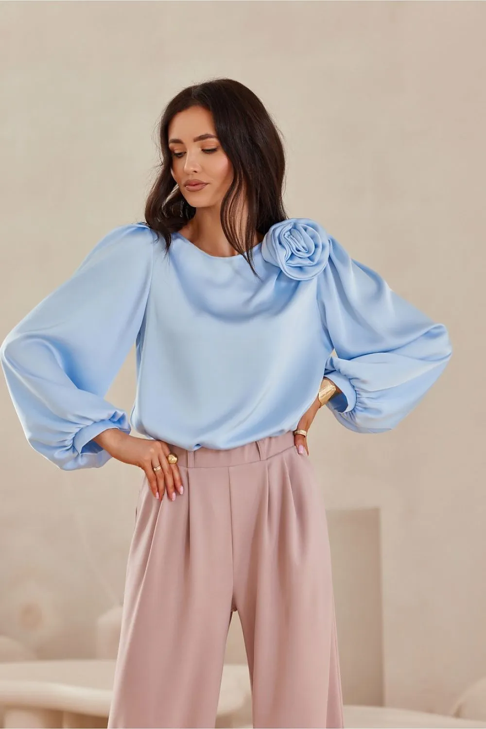 Wide puffy long sleeves satin formal blouse