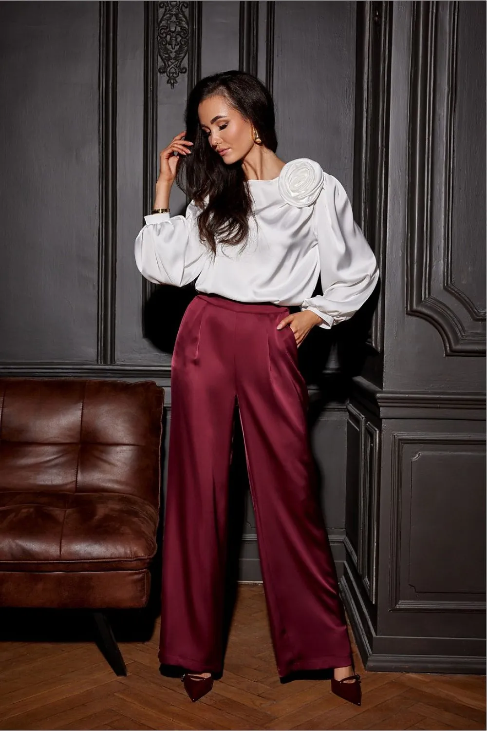 Wide puffy long sleeves satin formal blouse