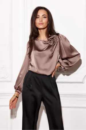 Wide puffy long sleeves satin formal blouse