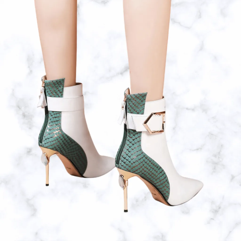 Women's Handmade Retro Leather Boots – Pointed Toe, Belt Buckle, Side Zip, High Heel Winter Party Boots