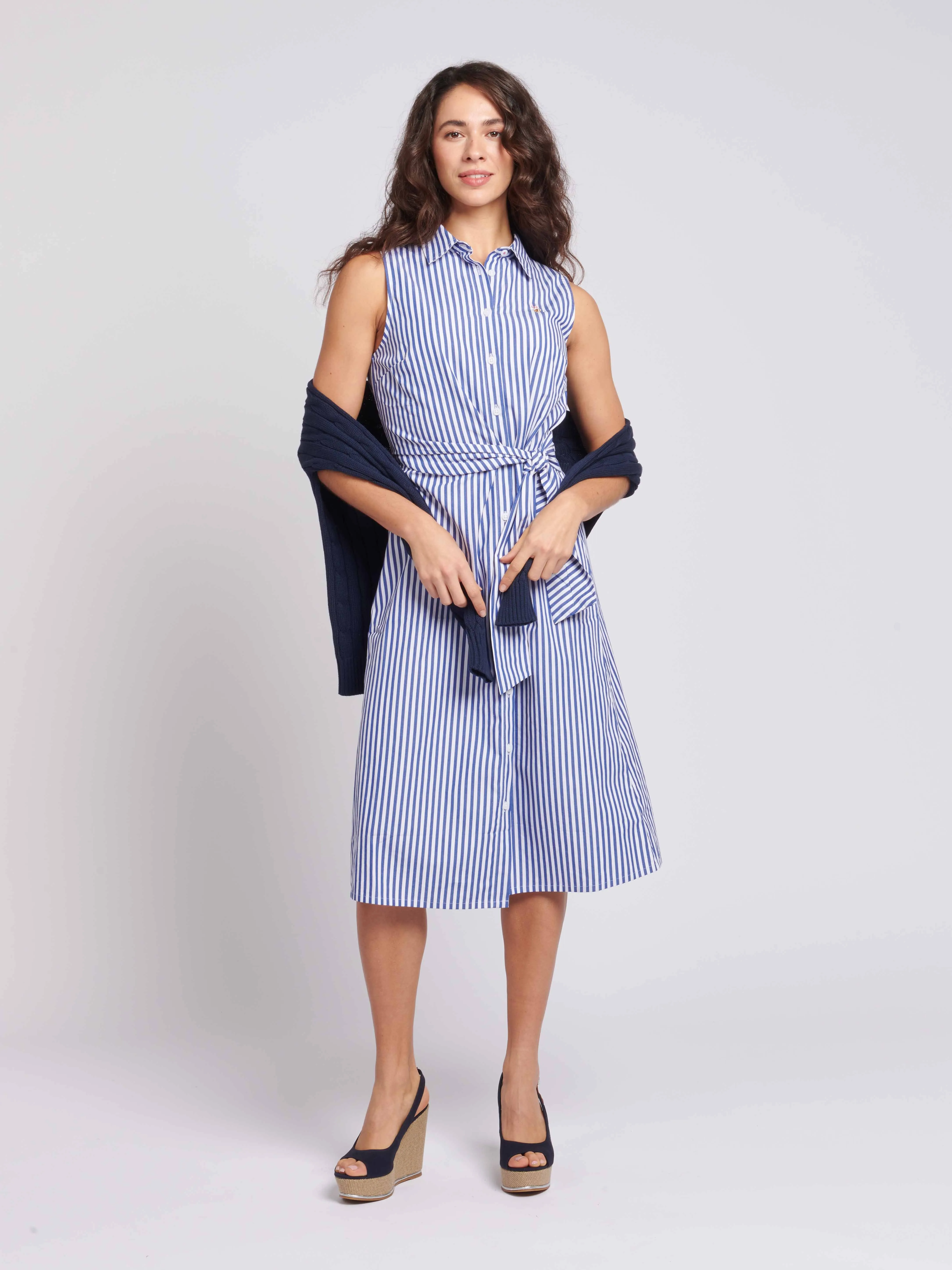 Womens Stripe Tie Waist Shirt Dress in Regatta Blue