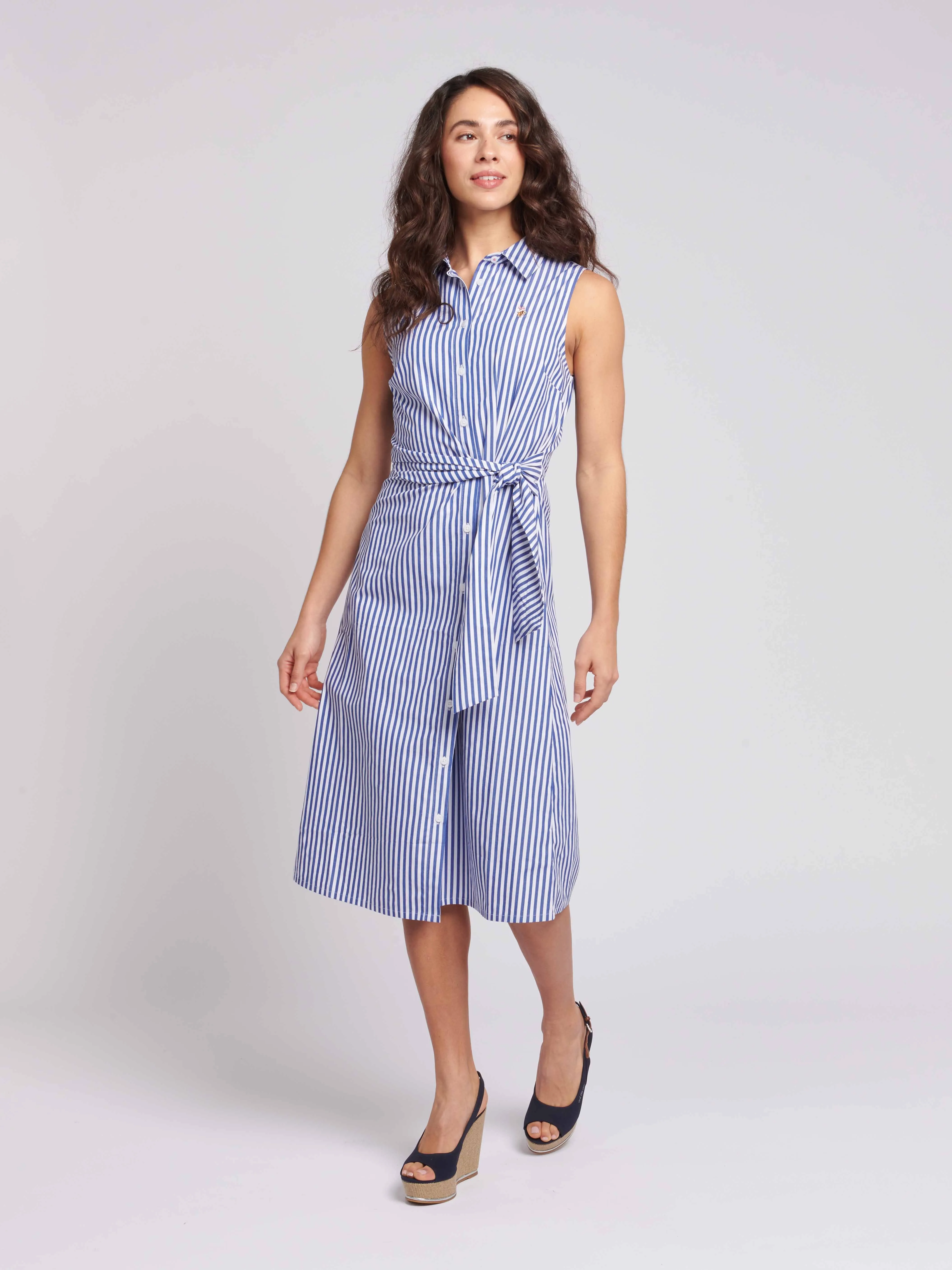 Womens Stripe Tie Waist Shirt Dress in Regatta Blue